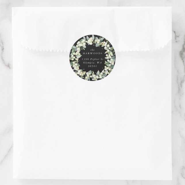 Sticker Rond Elégant Black Snowberry+Eucalyptus Wreath Adresse (Sac)