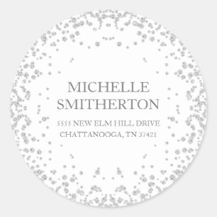 Sticker Rond Élégant Blanc Argent Diamant Paillettes Adresse