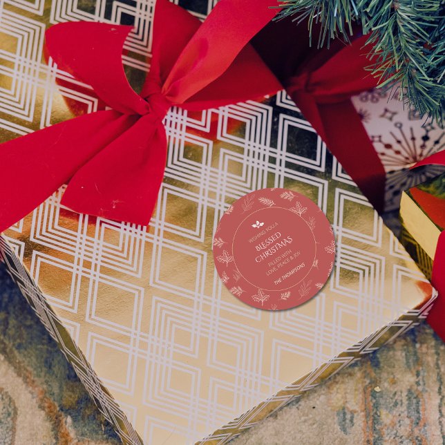 Sticker Rond Élégant blanc Feuille d'hiver simple rouge (Créateur téléchargé)