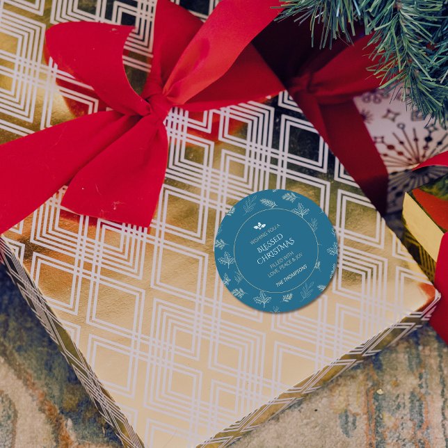 Sticker Rond Elégant Blanc Feuilles d'hiver bleu (Créateur téléchargé)