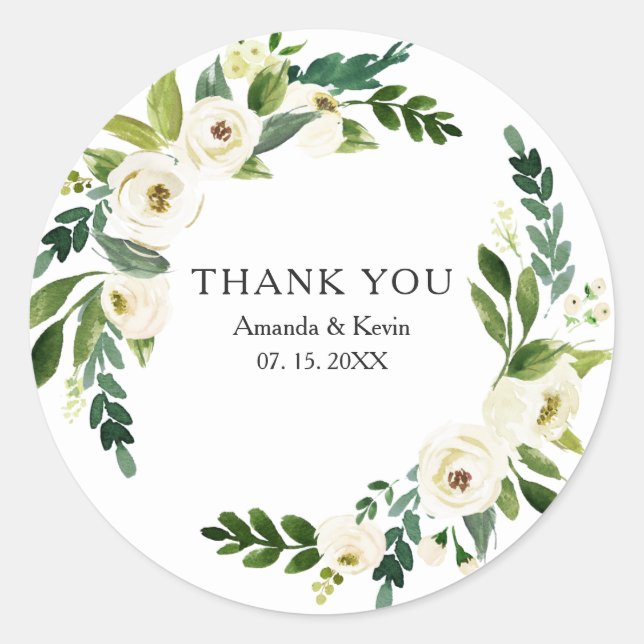 Sticker Rond Elégant blanc Floral verdure Mariage Merci (Devant)