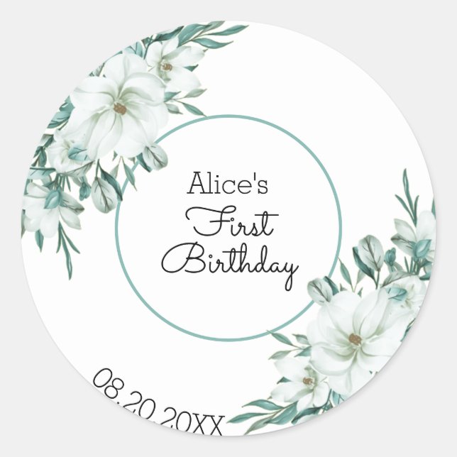 Sticker Rond Elégant blanc Magnolia Verdure Flora 1er anniversa (Devant)
