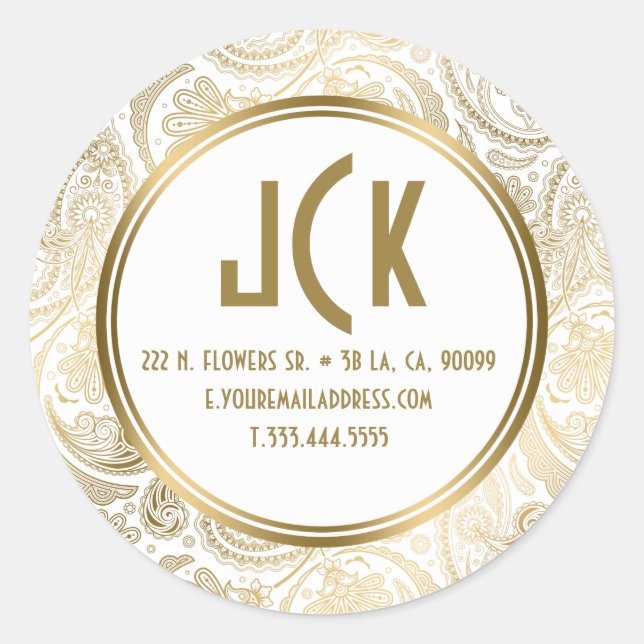 Sticker Rond Elégant blanc & or floral dentelle Motif Paisley (Devant)