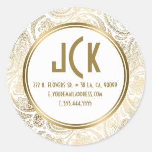 Sticker Rond Elégant blanc & or floral dentelle Motif Paisley