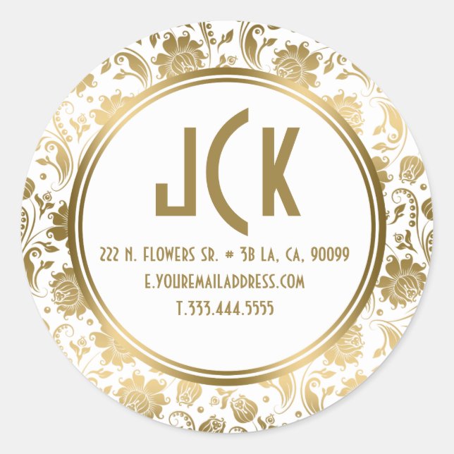 Sticker Rond Elégant blanc & or Motif de Damas Floral (Devant)