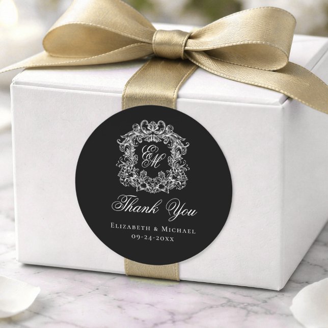 Sticker Rond Élégant Blason de Mariage Monogramme Merci (Créateur téléchargé)