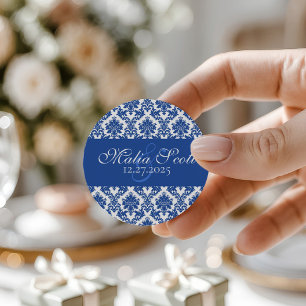 Sticker Rond Elégant Bleu Blanc Mariage damassé Favoriser