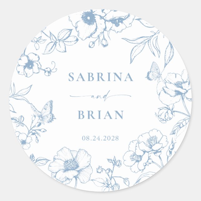 Sticker Rond Elégant bleu bleu classique Mariage floral (Devant)