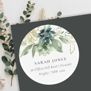 Sticker Rond Elegant Bleu Bleu Vert Succulent Adresse de rempli