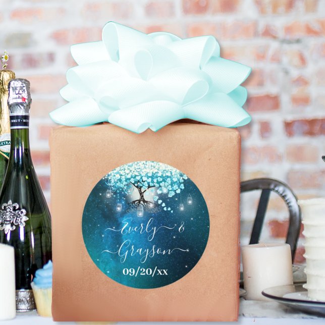 Sticker Rond Elégant Bleu Coeur Feuille Arbre Mariage ENREGISTR (Créateur téléchargé)