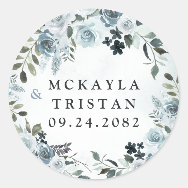 Sticker Rond Elégant bleu Dusty Floral Aquarelle Mariage Marine (Devant)