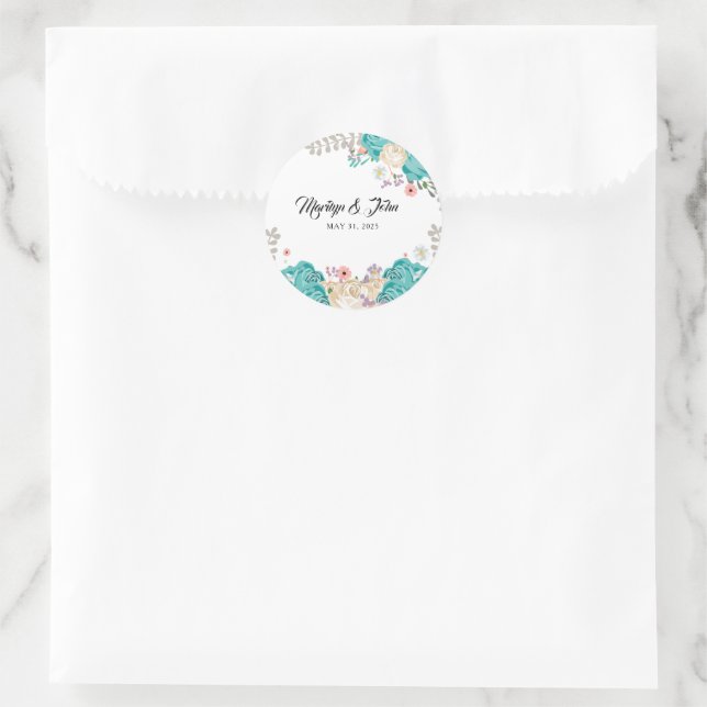 Sticker Rond Elégant Bleu Fleurs Blanches Mariage Romantique (Sac)