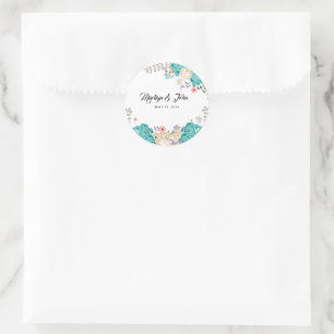 Sticker Rond Elégant Bleu Fleurs Blanches Mariage Romantique