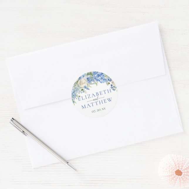 Sticker Rond Elégant bleu Hydrangea Roses blanches Mariage flor (Enveloppe)