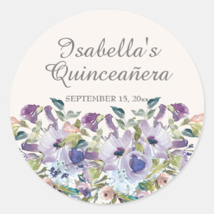 Sticker Rond Élégant Bleu Lilas Floral Quinceañera Nom Date