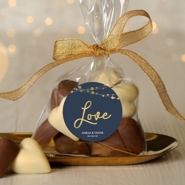 Sticker Rond Elégant Bleu Lumières Faux Or Mariage Love (Créateur téléchargé)