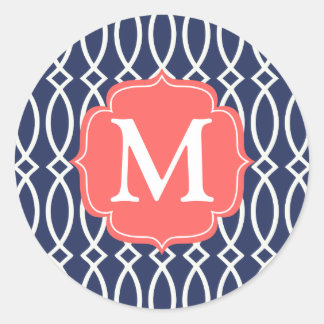 Sticker Rond Élégant bleu marine moderne Trellis Monogramme