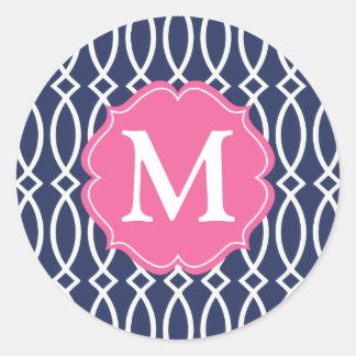 Sticker Rond Élégant bleu marine moderne Trellis Monogramme