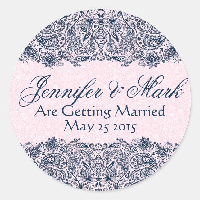 Sticker Rond Elégant bleu marine & Pinke Floral Paisley dentell (Devant)