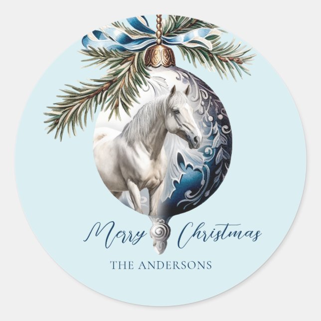 Sticker Rond Élégant bleu Noël blanc cheval équestre (Devant)