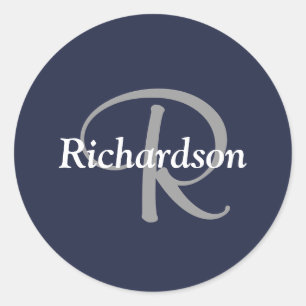 Sticker Rond Élégant Bleu Nuit Blanc Gris Argent Monogrammé
