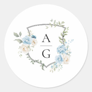 Sticker Rond Élégant Bleu Poussiéreux Floral Monogramme Armoiri