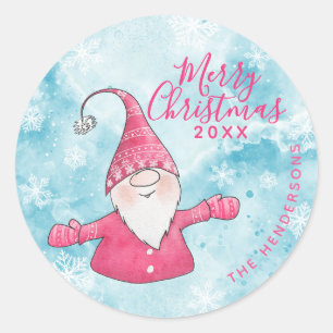 Sticker Rond Elégant bleu rose Gnome Personnalisé Joyeux Noël
