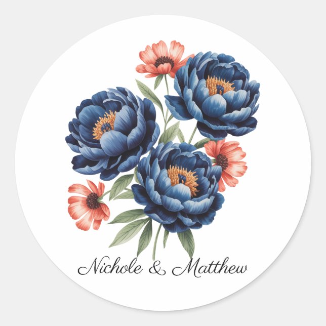 Sticker Rond Elegant Blue and Burnt Orange Floral Wedding (Devant)