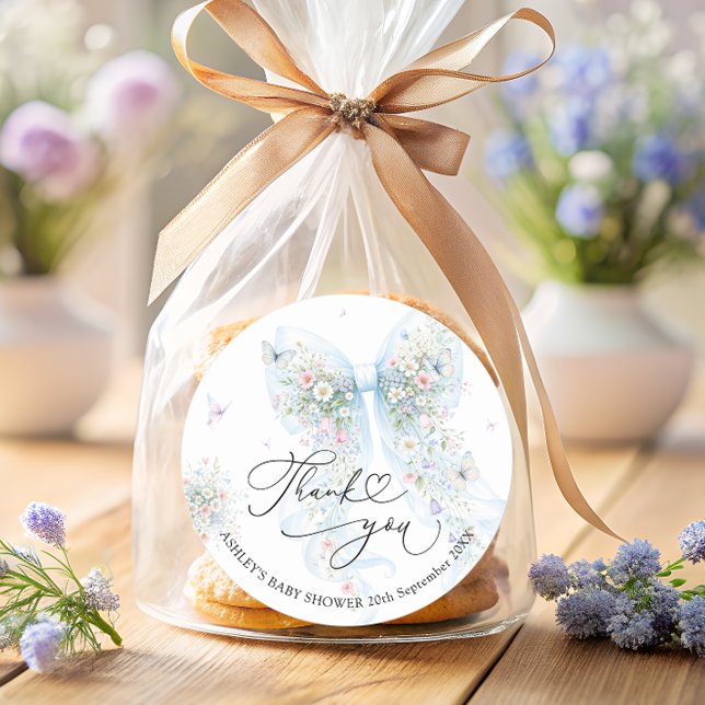 Sticker Rond Elegant Blue Bow Baby Shower Thank You  (Créateur téléchargé)