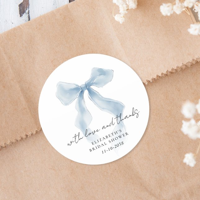 Sticker Rond Elegant Blue Bow Bridal Shower Thank You (Elegant Blue Bow Bridal Shower Thank You Classic Round Sticker)