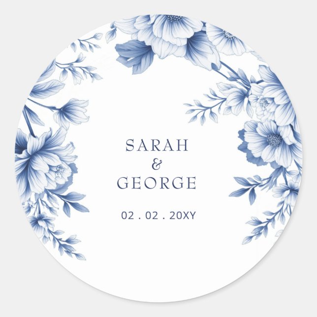 Sticker Rond Elegant Blue Chinoiserie Floral Botanical Wedding (Devant)