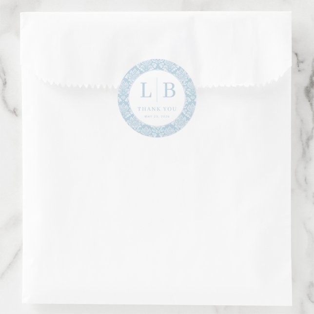 Sticker Rond Elegant Blue Damask Initials (Sac)