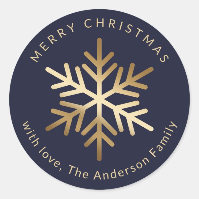 Sticker Rond Elegant Blue Gold Snowflake Christmas (Devant)