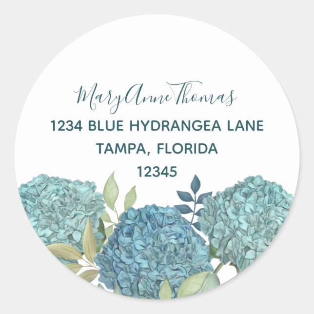 Sticker Rond Elégant Blue Hydrangea Floral Adresse de retour (Devant)