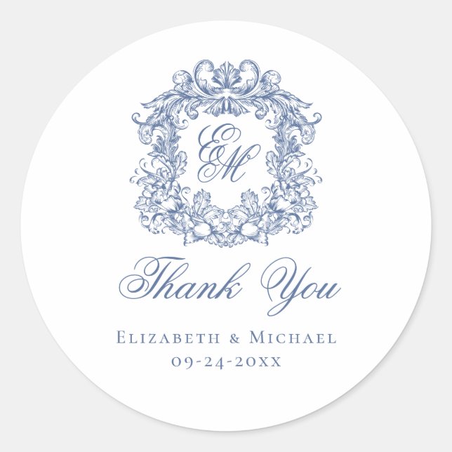 Sticker Rond Elegant Blue Monogram Wedding Crest Thank You (Devant)