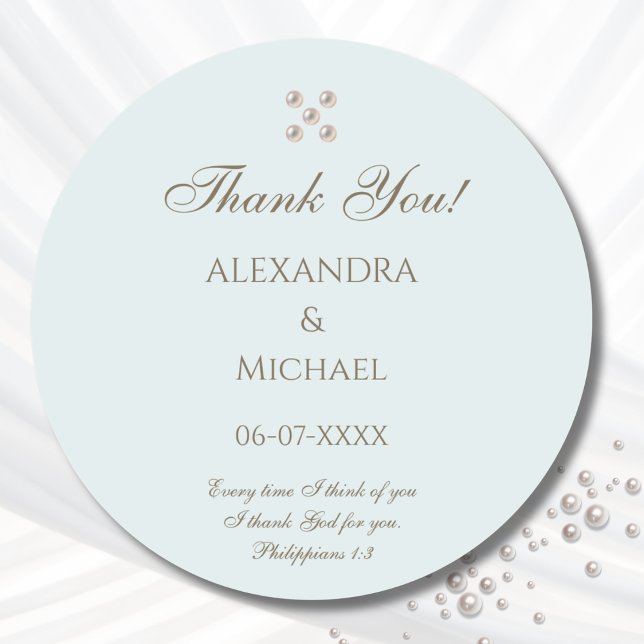 Sticker Rond Elegant Blue Pearl Christian Wedding Thank You (Créateur téléchargé)