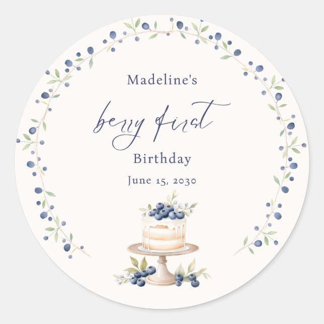 Sticker Rond Elegant Blueberry Berry First Birthday (Devant)