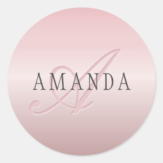 Sticker Rond Elégant Blush Faux Rose Gold | Nom et monogramme (Devant)
