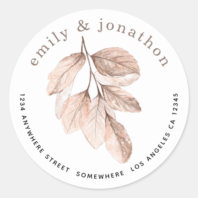 Sticker Rond Elegant Blush Feuilles Nom de retour Adresse (Devant)