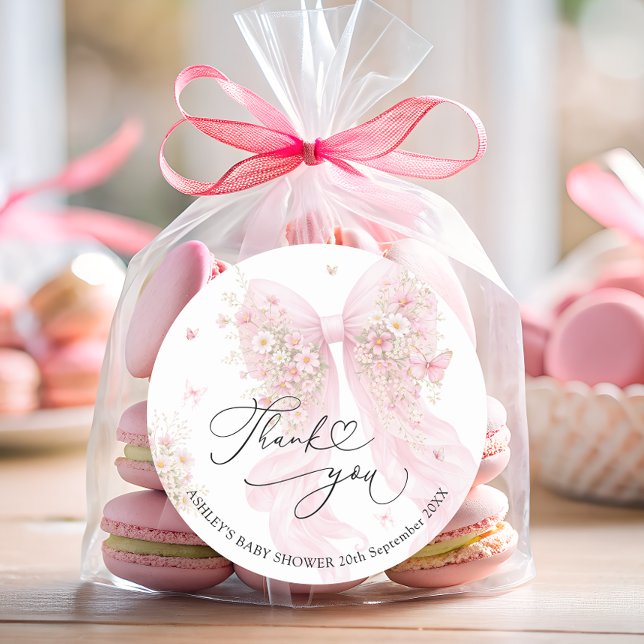 Sticker Rond Elegant Blush Pink Bow Baby Shower Thank You  (Créateur téléchargé)