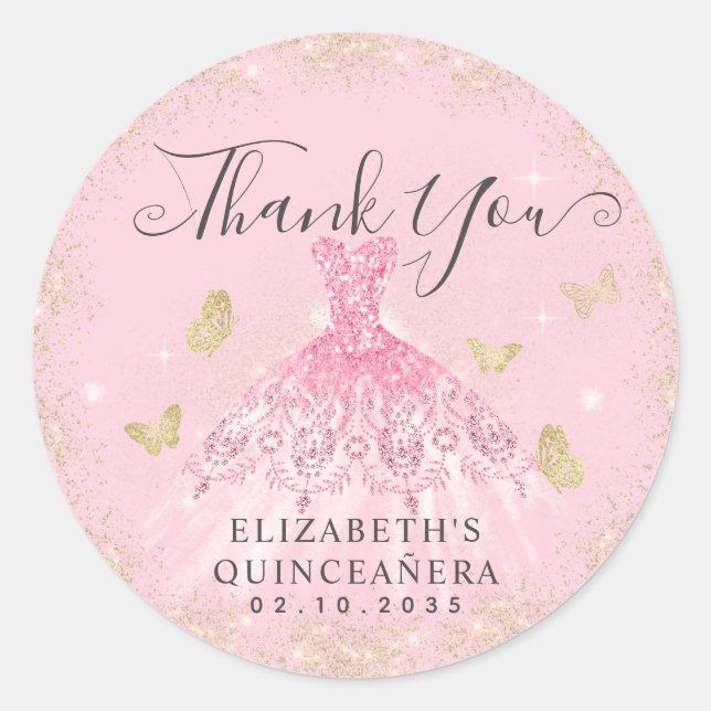 Sticker Rond Elégant Blush Pink Gold Gown Quinceañera Merci (Devant)
