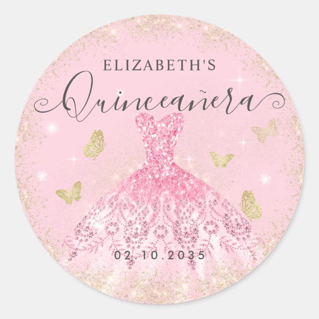 Sticker Rond Elégant Blush Pink Gold Parties scintillant Gown Q (Devant)
