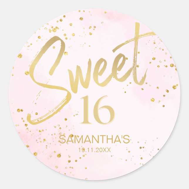 Sticker Rond Elegant Blush Pink & Gold Sweet 16 Birthday (Devant)