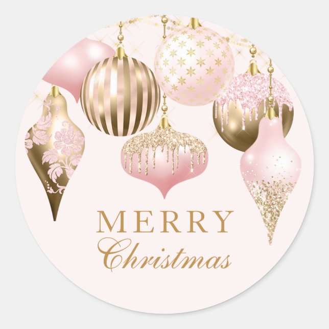 Sticker Rond Élégant Blush Pink Or Ornements Joyeux Noël (Devant)