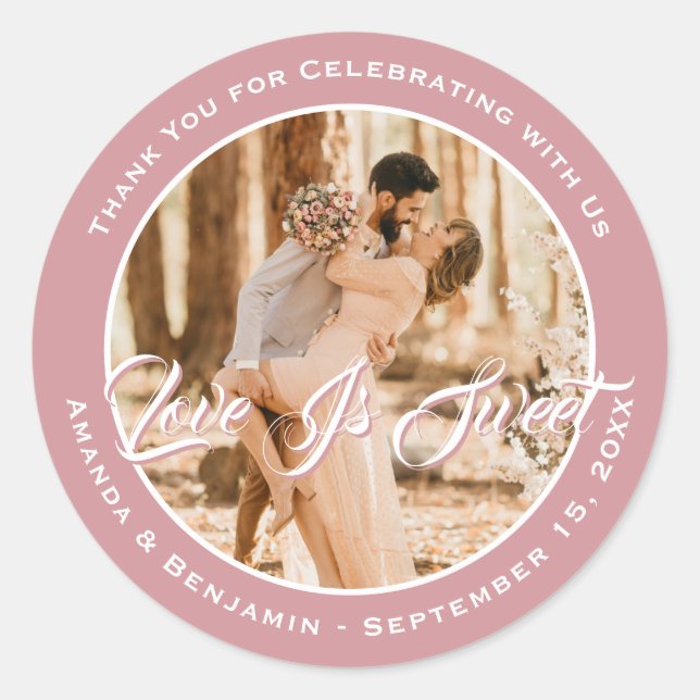 Sticker Rond Élégant Blush rose L'amour est doux Mariage Photo (Devant)