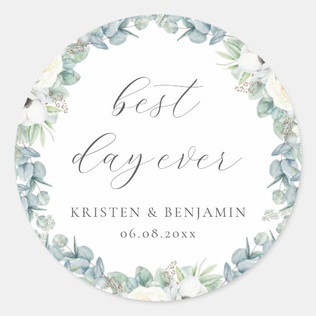 Sticker Rond Elégant Boho Blanc Floral Verdure Mariage Favorise (Devant)