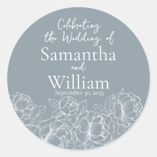 Sticker Rond Elégant Boho Botanique Dusty Blue Floral Mariage