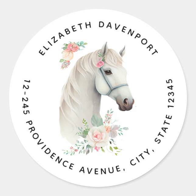 Sticker Rond Élégant Boho Cheval Blanc Adresse Florale (Devant)