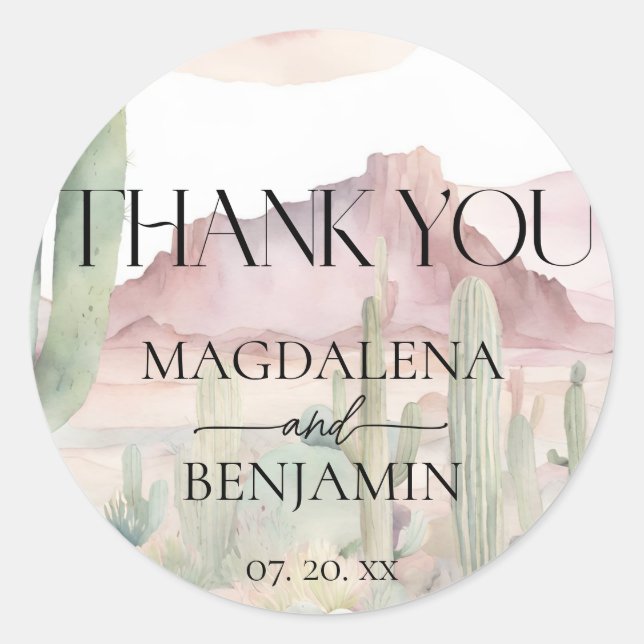 Sticker Rond Elégant Boho Desert Paysage Cactus Mariage (Devant)