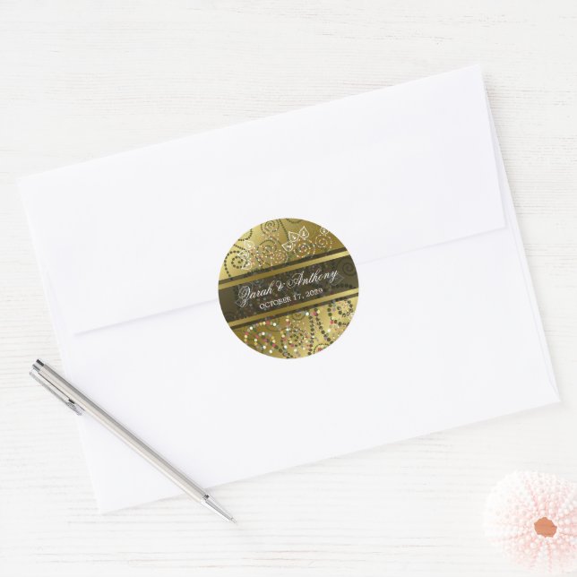 Sticker Rond Élégant Boho Dot Spirales Gold Mariage ethnique (Enveloppe)
